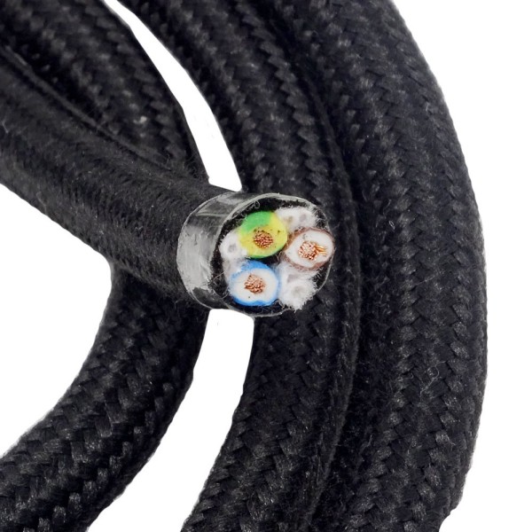 Hochwertiges Baumwoll-Kabel Schwarz 3x0,75 mm² 3G H03RT-H