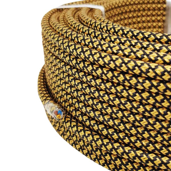 Textilkabel 3G Rund Quadrat Gold mit scharzen Linien 3x0,75mm² Kabel